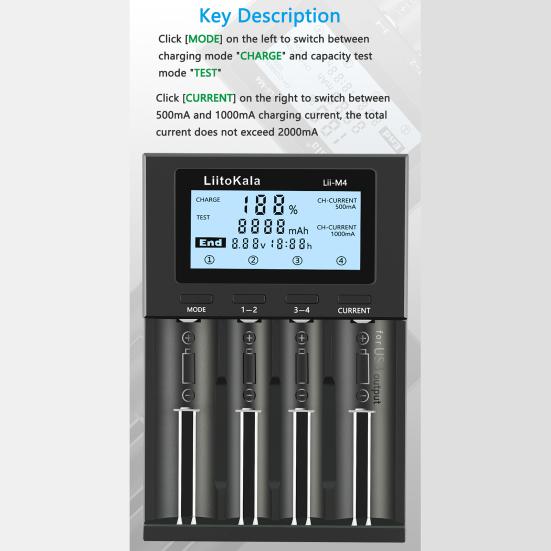 LiitoKala Lii-M4 Battery Charger LCD Display Universal Fast Charging 4 Slots 5V2A USB