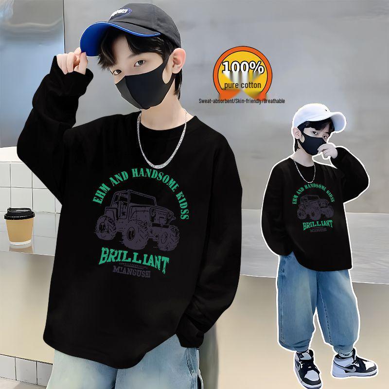 Trendiges Herbst-Baumwoll-Langarmshirt für Jungen - Lässiger lockerer Schnitt mit stylischem Buchstabenaufdruck