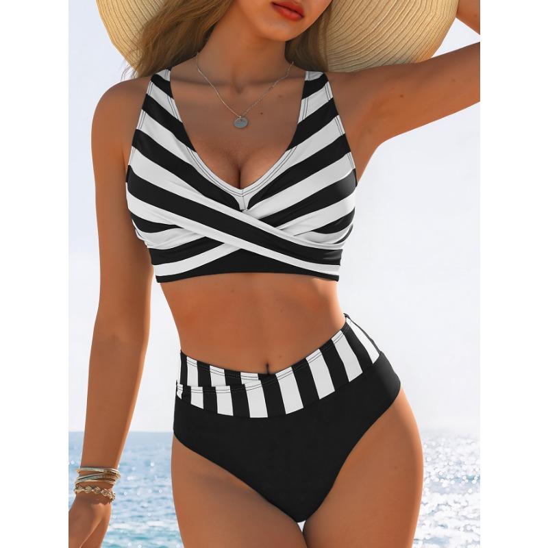 Women's Black & White Striped Cross-Front High Waist Two-Piece Bikini Swimsuit