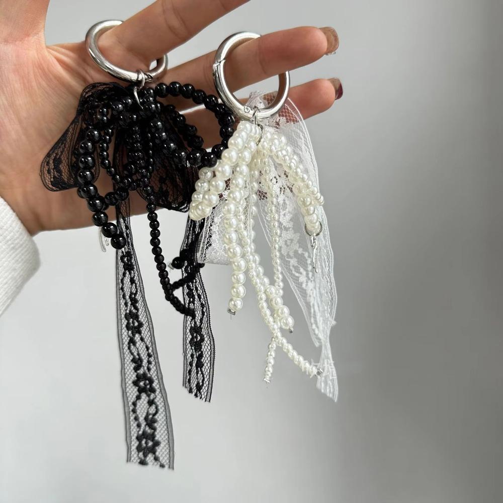 Cute Lace Keychain Bow White/Black Pearl Beaded Pendant Phone Chain Gift