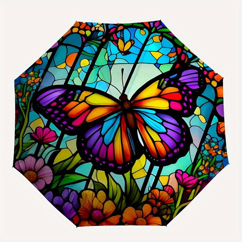"Colorful Butterfly Stained Decor"Umbrella, Portable 3-Fold Compact Umbrella for Men & Women ES22