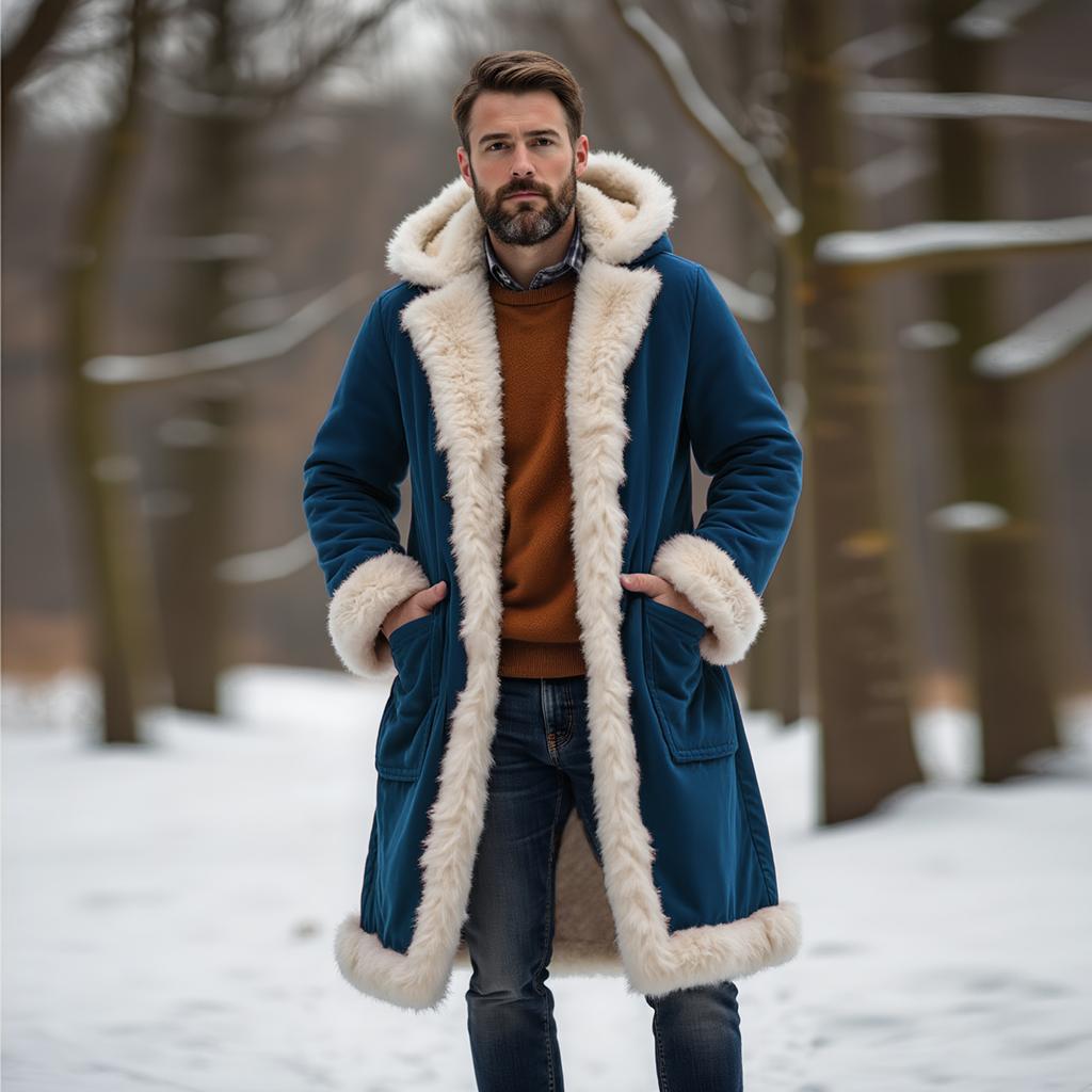 Men Fleece Lined Trench Coat Hooded Long Warm Jacket Wind Proof  Jacket Coat With Pockets