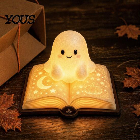 Lâmpada de Mesa Figurine Fantasma Livro Mágico Luz Noturna, Resina de Mesa Brilho Quente com Lua Luz Fofa Estrela em Relevo, Mesinha de Cabeceira para Dormir para Crianças