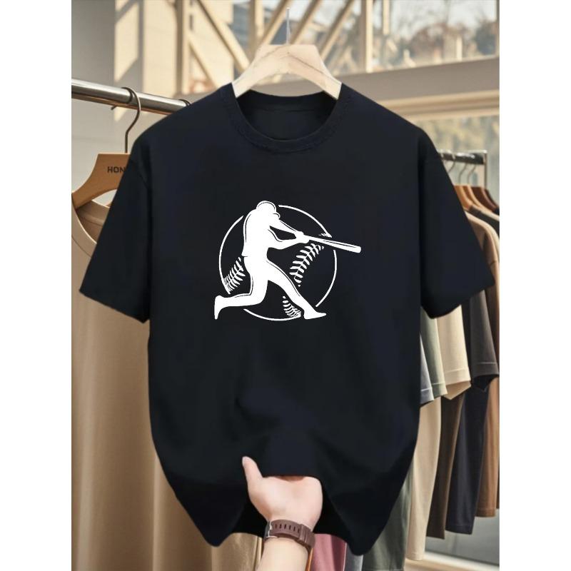 European Size Men's Baseball-Themed Breathable T-Shirt - Lightweight Short Sleeve Crew Neck Summer Top with Random Baseball Bat & Player Graphics