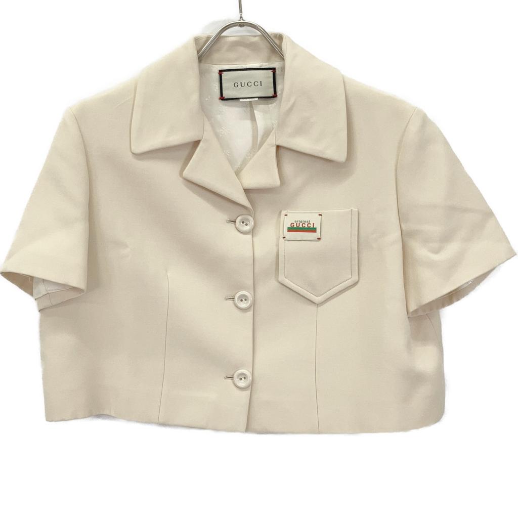 Gucci 619247 Ivory Silk Wool Logo Patch Cropped Jacket Jacket 38 IvoryUsed