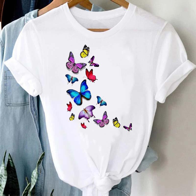 Summer Burst Cute Cartoon Butterfly Trend Letter Print Top T-shirt Woman Tops  Oversized T Shirt  Aesthetic Clothes