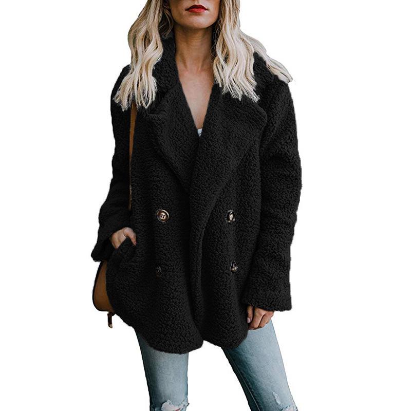 Women's Plush Button Up Lapel Pocket Jacket Autumn Winter Warm Faux Fur Coat Artificial Fluffy Fleece Optional Plus Size Jacket Female Clothing