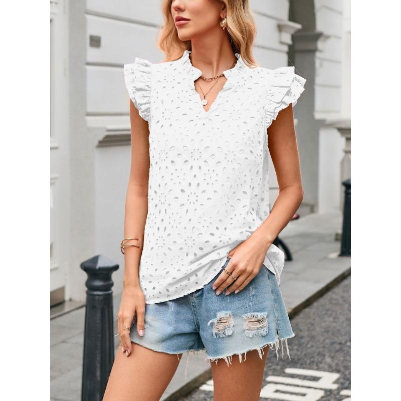 Women European Style Casual Summer Hollow Out Embroidery Flounce Sleeve V Neck Shirt
