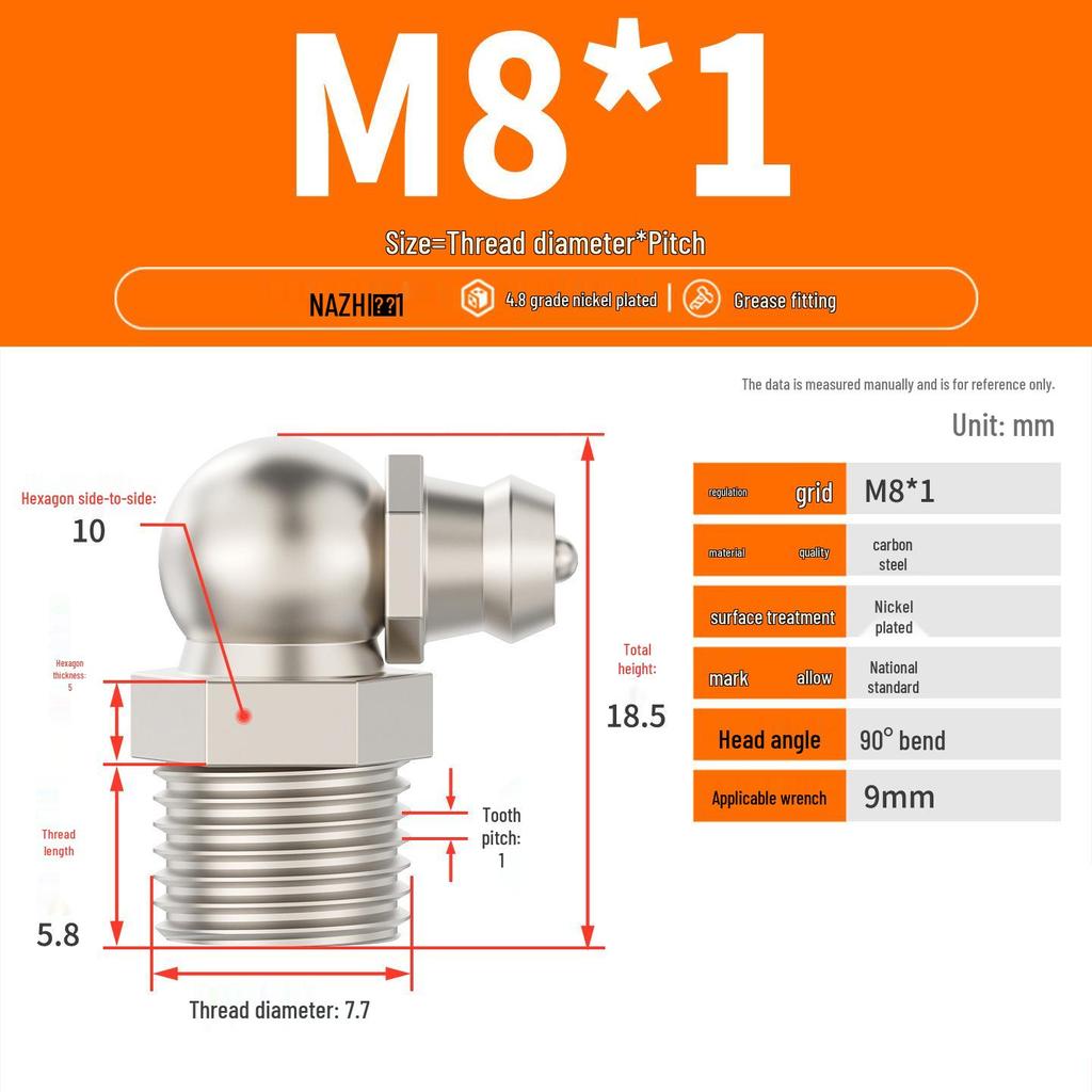 Nickel-Plated Iron Bent Grease Nipple Grease Gun Head M6-M14 G1/8