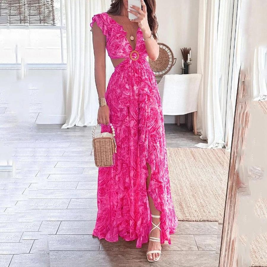 

Women s Spring New Arrivals Fashion Sexy Long Dress V-Neck Printed Split Dress 3XL рожевий