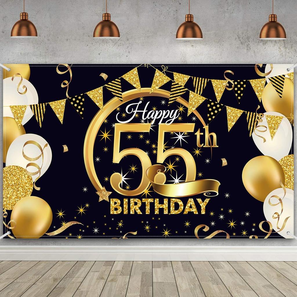 Birthday Party Decoration Extra Large Fabric Black Gold Sign Poster for Anniversary Photo Booth Backdrop Background Banner, Birthday Party Supplies,