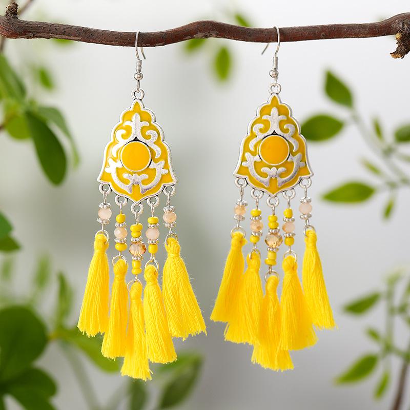 Ethnic Bohemian Tassel Earrings For Women Geometric Enamel Crystal Beads Handmade Long Vintage Female Drop Dangle Earrings Gift