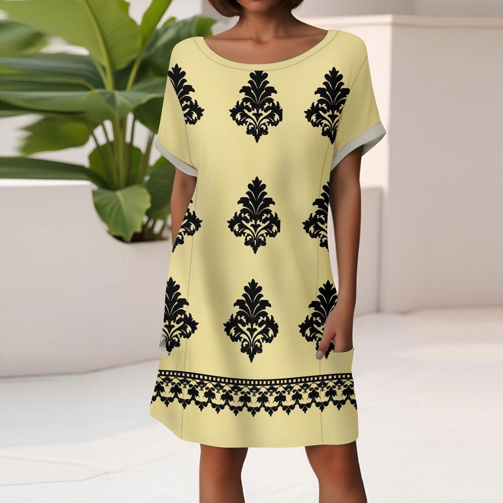 Women's Fashion Short Sleeve Dress With Pockets Floral Print Casual Beach Dress