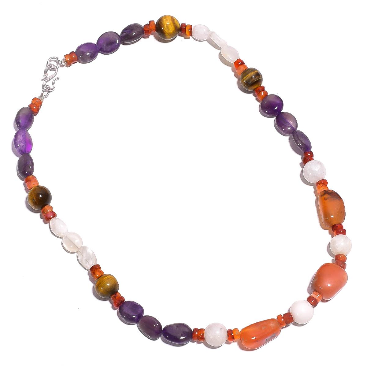 

Natural Carnelian Tiger Eye Amethyst Gemstone Smooth Beads Necklace 17 UB-4262 UB-4262