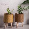 Květináče se stojanem Ratanové květináče Pletená rostlinná stolička v košíku Designový stojan na květináče s dřevěnými nohami
