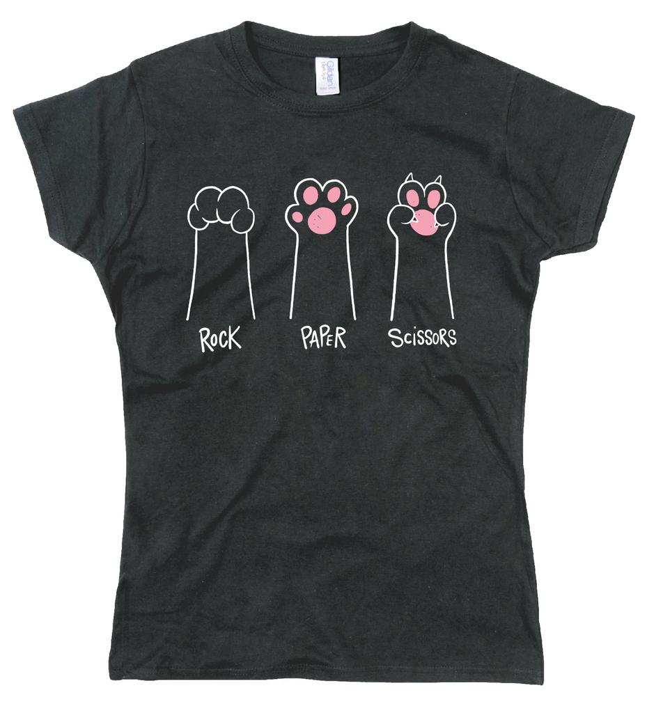Lustiges Damen T-Shirt Katzenpfoten Schere Stein Papier Normale Passform Baumwoll-Tee