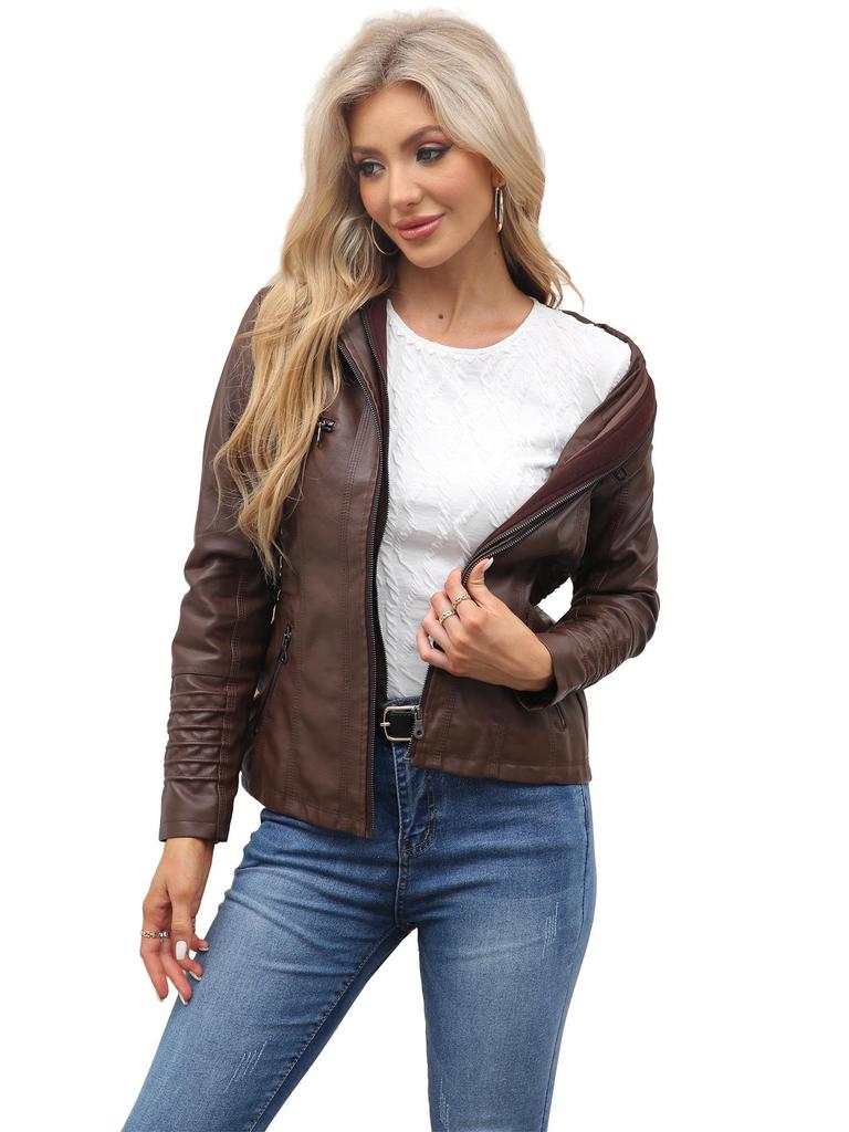 Damen Lederjacke mit Kapuze in Übergröße & Abnehmbares zweiteiliges Set für Frühling/Herbst