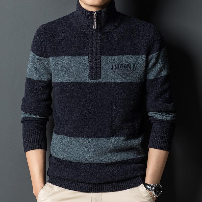 

Мужская шерстяная шерстяная осенне-зимняя повседневная трикотажная рубашка с контрастным воротником на молнии, свитер с полувысоким воротником 2XL зелёный