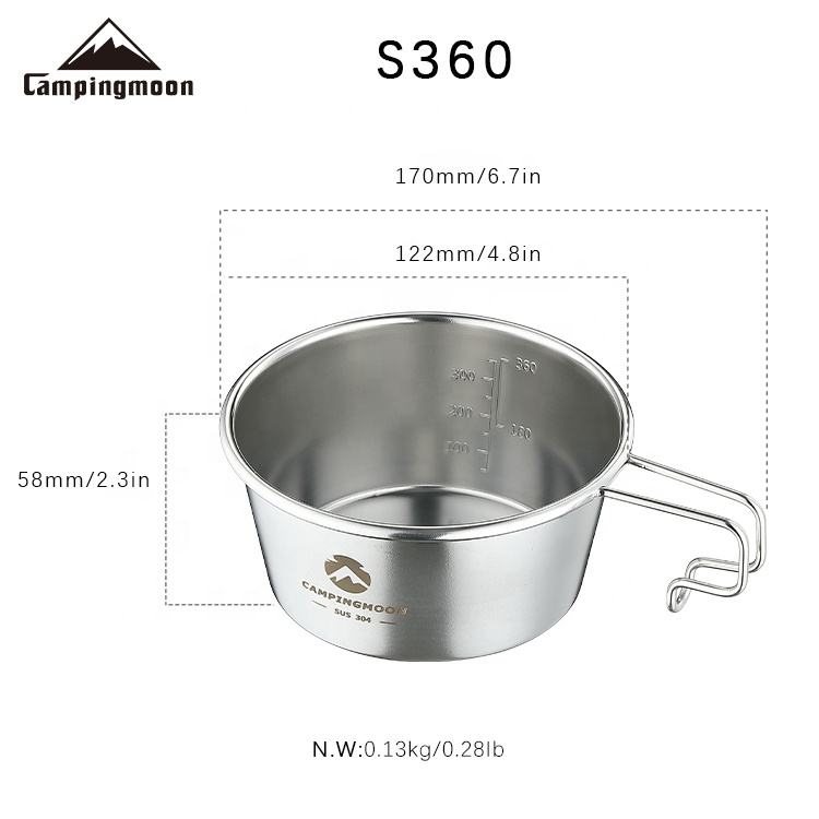CAMPINGMOON Sierra Bowl for Picnic Woodland 450ml Folding Handle Pure 304 Stainless Steel Outdoor Camping Cookware