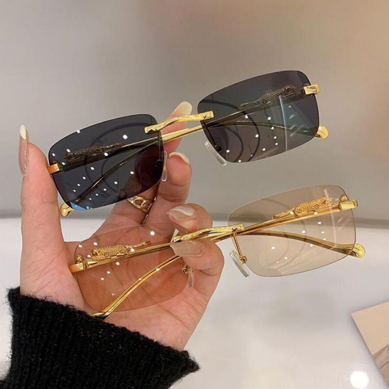 Protective Glasses 2pcs Rimless Leopard Metal Square Sunglasses Women Fashion Colorful Lens Design Sun Glasses Outdoor Shades