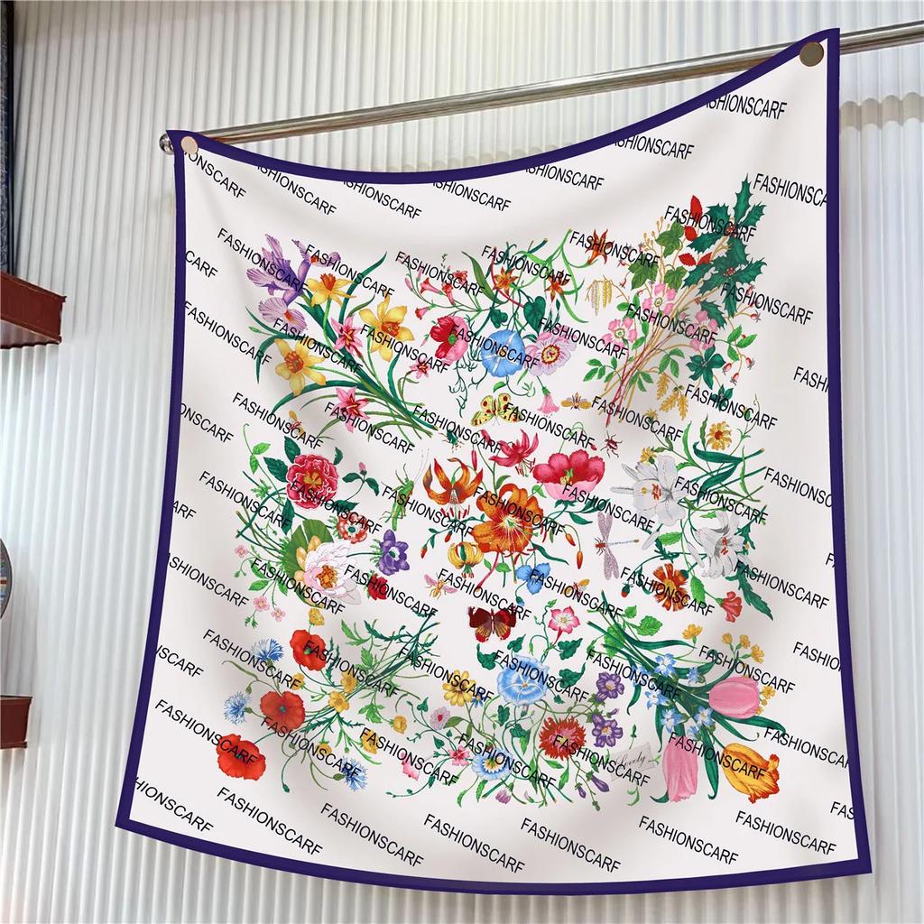 90Cm Modern Fashion Twill Silk Tulip Plant Flower Ladies Sunscreen Shawl Large Square Scarf Scarf Silk Scarf
