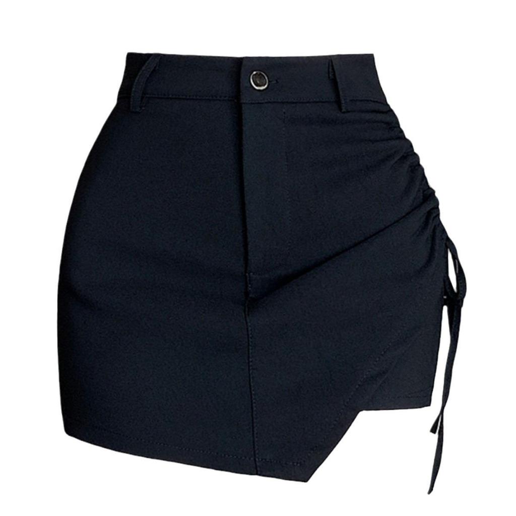 Damen Schwarzer High Waist A-Linien Midi-Rock 2024 - Schlankmachend, Vielseitig, Unregelmäßiger Kordelzug, Lässiges Bodycon-Design für den Sommer.