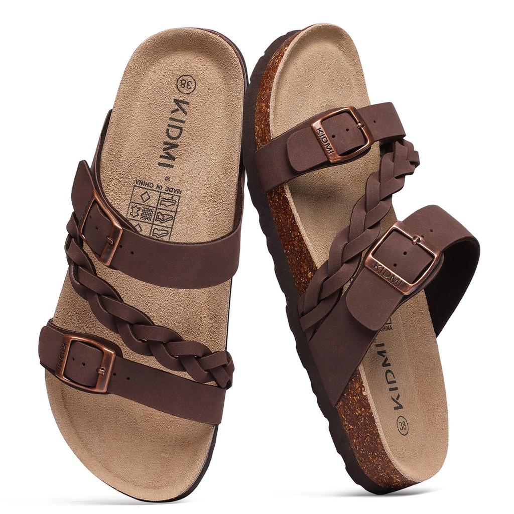 Fashion Comwarm Women's Cork Footbed Sandals With Arch Support Summer Women Cork Slippers Slip-On Slide Sandals With Adjustable Buckle
