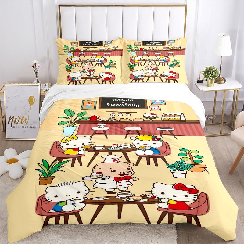 3pcs Hello Kitty in a Dessert Shop Bedding Set Includes Quilt Cover and Pillowcases, Suitable for All Seasons, Machine Washable Ideal Gift W043