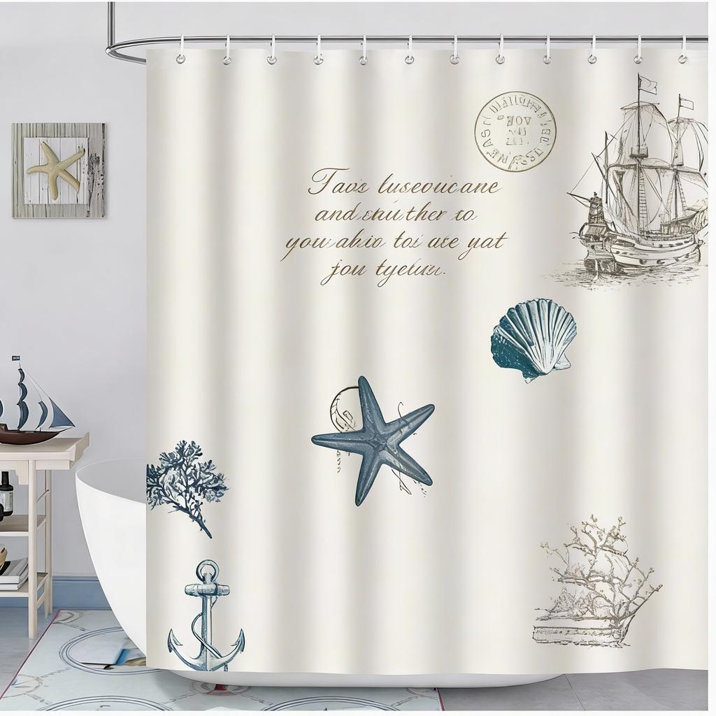 Modern Nautical Anchor Lighthouse Sailing Shower Curtain 180 X 200Cm Washable Polyester Shower Curtain With 12 Hooks