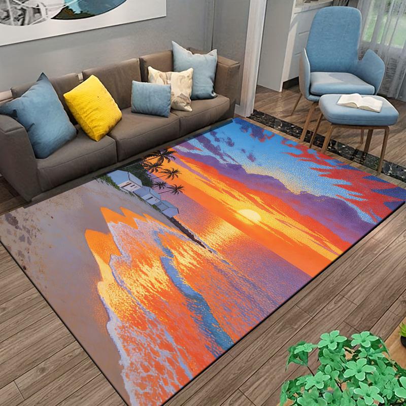Tropical Sunset Beach Carpet with Palm Trees and Ocean View Pattern Suitable for use as an anti-slip for living room bedroom sofas