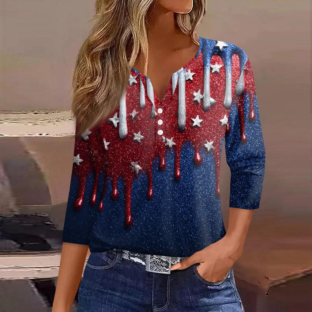 Women's T Shirt Independence Day Print Button 3/4 Sleeve Daily Weekend Fashion Basic V- Neck Regular Top