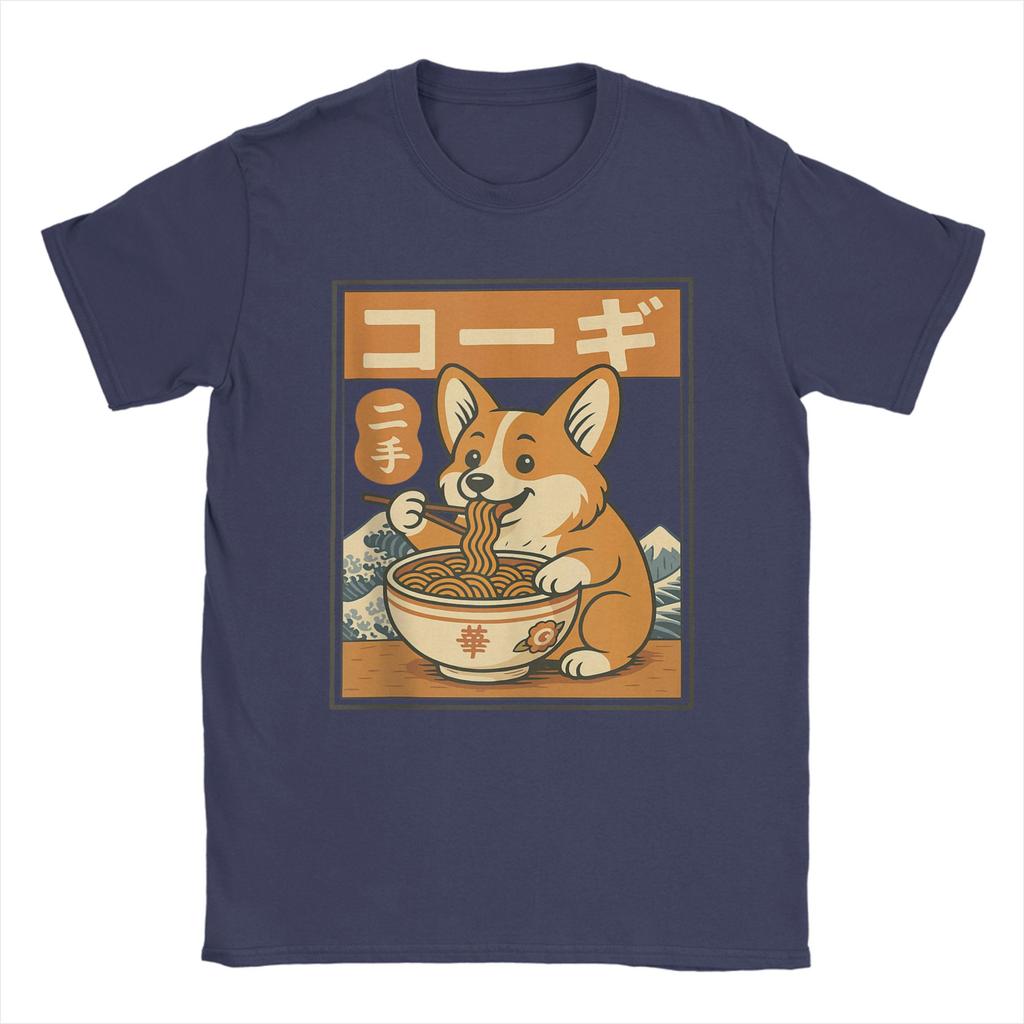 Corgi Eating Ramen T Shirts for Men Cotton Leisure TShirts Round Neck Tees Short Sleeve Tops Plus Size