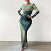 Summer Women's Commuter Tie-Dye Pleated Slim Round Neck Long Sleeve Dresses