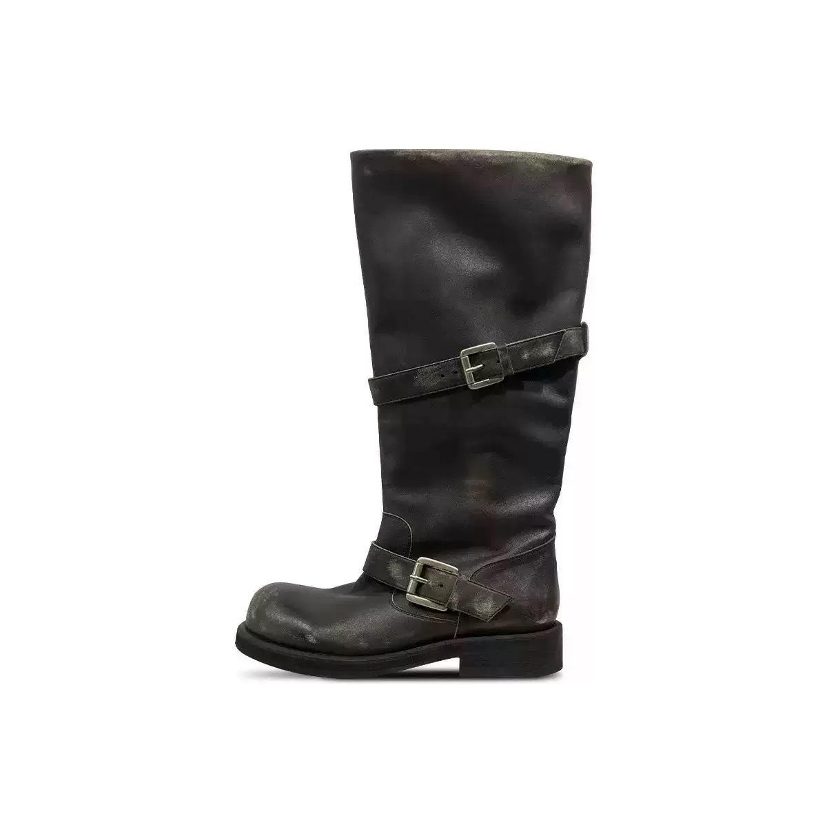 

Cowhide version~ Grape ma same large tube circumference boots round head trouser tube boots thick heel thick sole medium long tube knight boots women 40