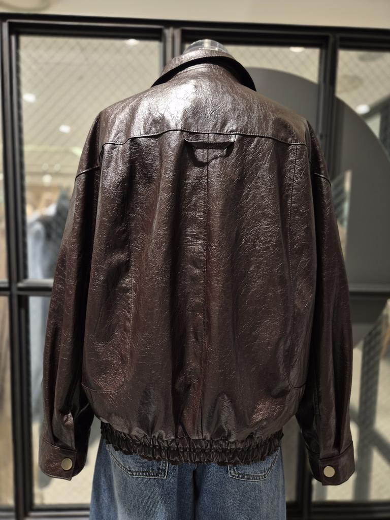 Color-Block High Neck Leather Jacket D254PSG261