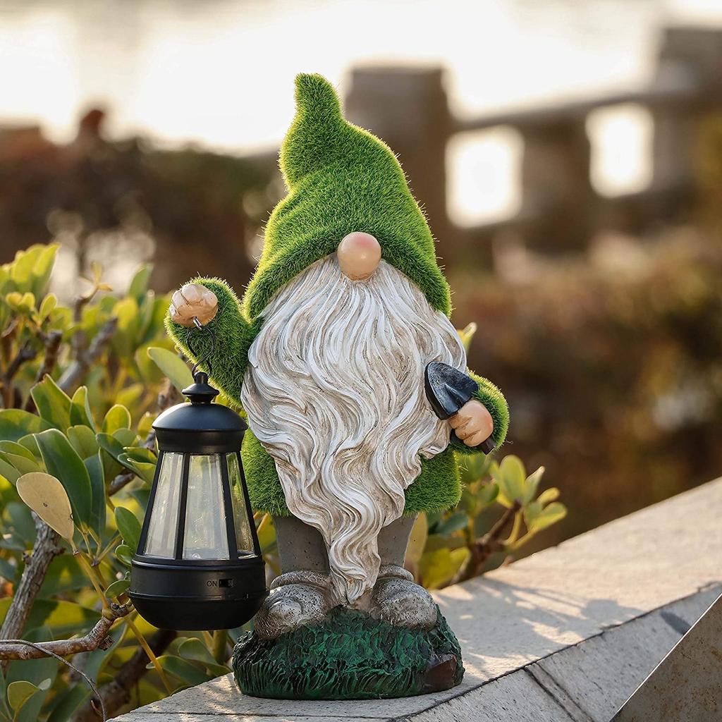 Flocked Garden Gnome Ornaments with Solar Powered Lights Lantern, Waterproof Resin Garden Statue Out