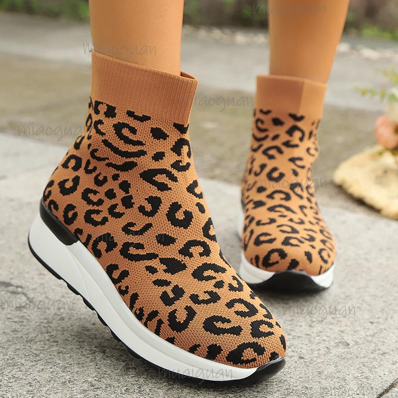 Fashion Leopard Printed Knitted Socks Sneakers for Women Breathable Casual Sports Running Shoes Woman Fashion High Top Slip-On Sneakers