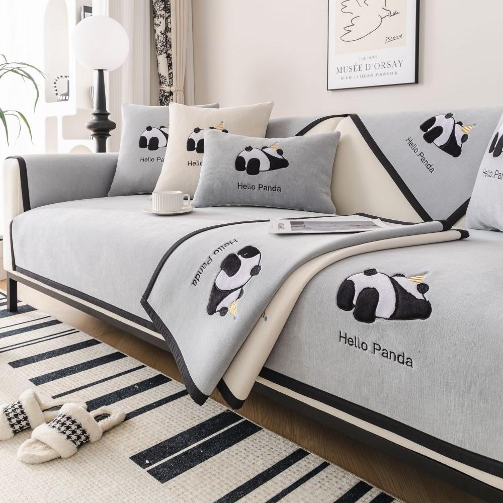 Modern Universal Non-slip Sofa Towel Chenille Solid Color Couch Cover for Living Room Four Seasons Panda Embroidery Sofa Cover