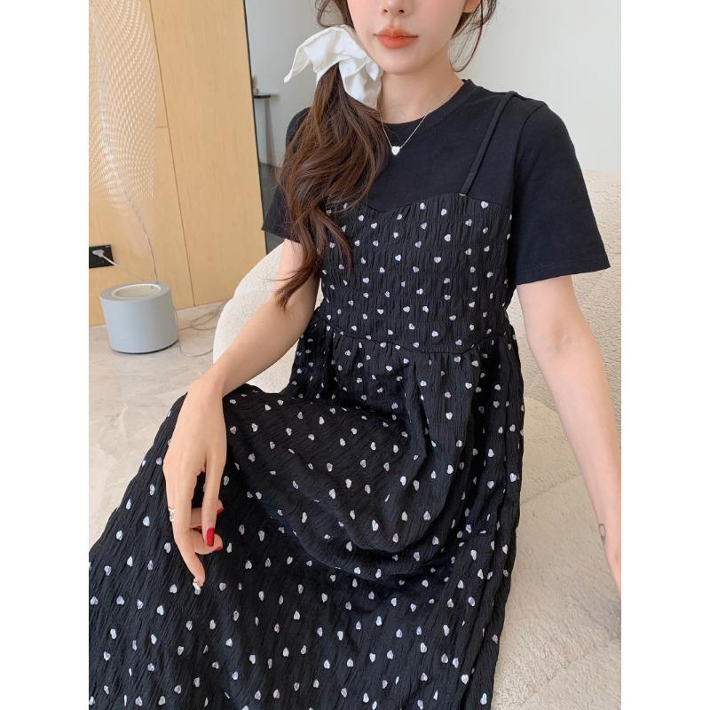 DIMANAF 2025 Summer Plus Size Dress Women Casual Polka Dot Printing Vintage Dress Basic Loose Black O-Neck Long Dress
