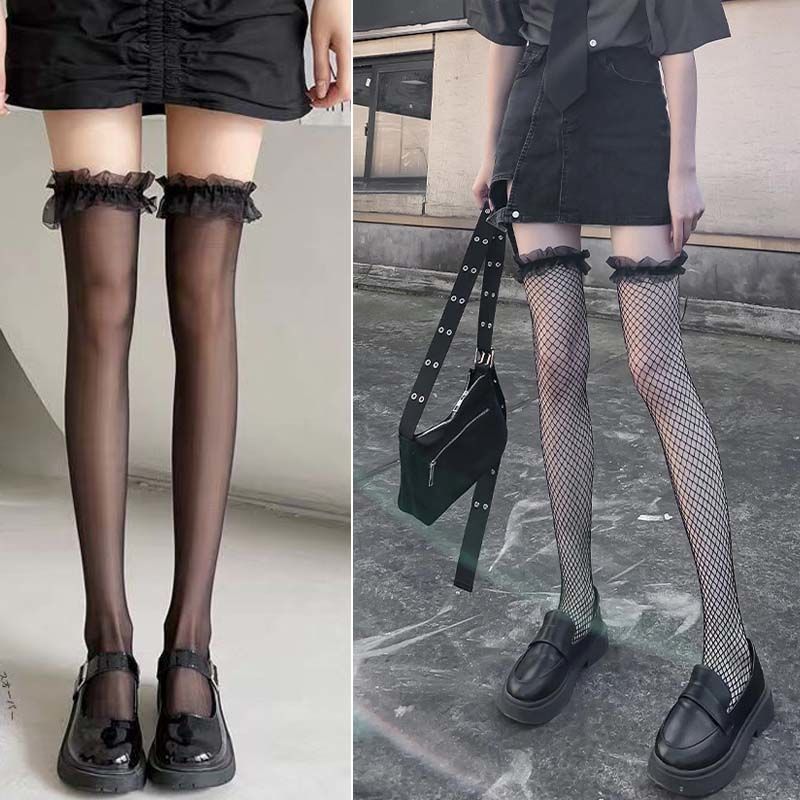 Long Tube Black Stockings Sexy Summer Thin White Knee High Thigh Black Half Pure Lace Mesh Socks Sy