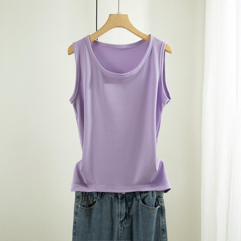 Women's Plus Size Ice Silk Ribbed Sleeveless Tank Top with Wide Shoulders, Round Neck, Ideal for Summer Outerwear or Innerwear.