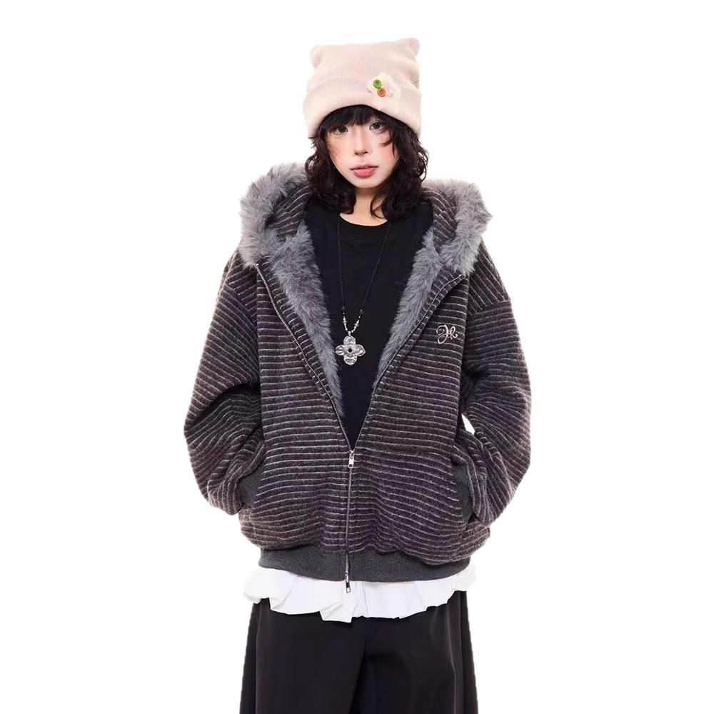 Koreanischer Stil Kapuzen-Kaninchenohr Plüsch Damen Strickware – Gestreift Unisex Lockerer Schnitt mit Herbst/Winter Samt.