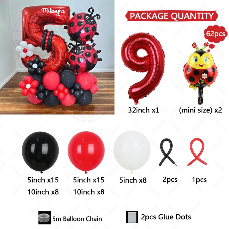 62pcs LadyBug Foil Balloons Garland Arch Kit Red Number Foil Ballon 1-9 Black Dot Happy Birthday Banner Party Decors Air Globos