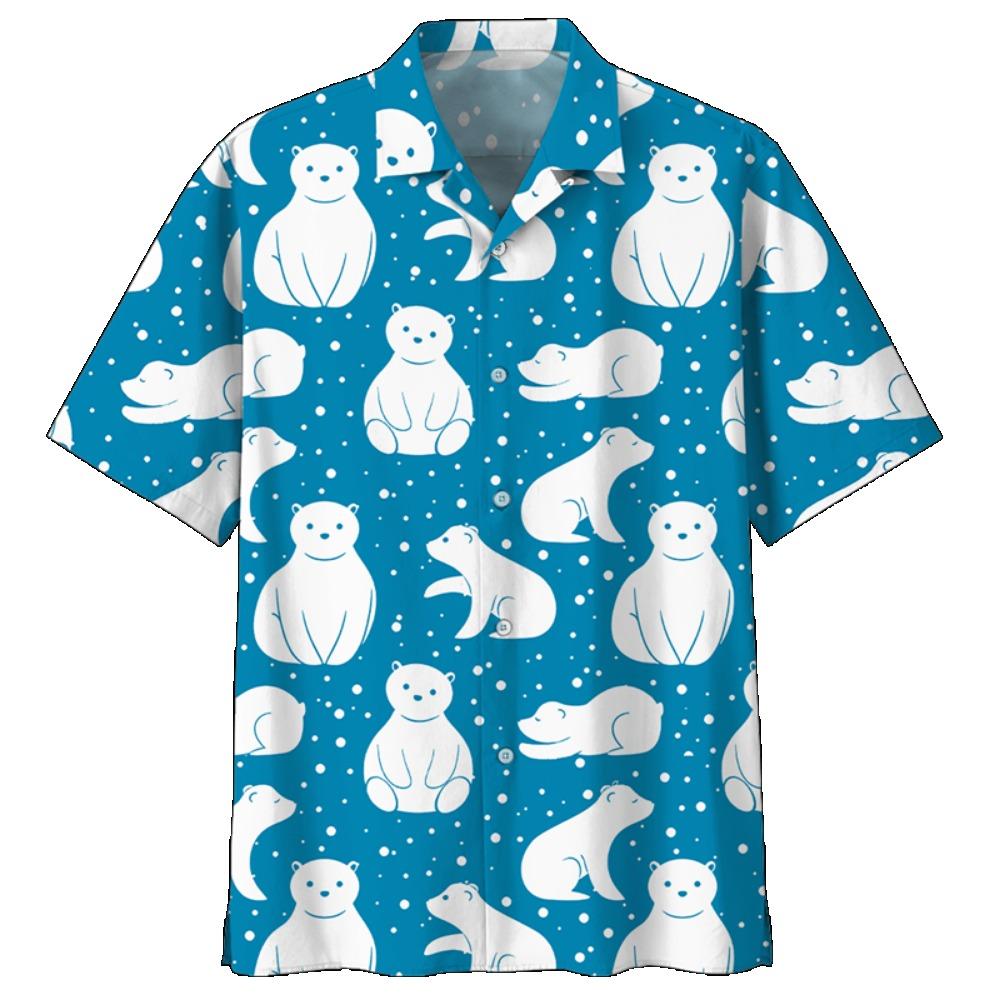 Cute Polar Bear Pattern Aloha Shirt For Men 3D Printed Panda Animal Short Sleeve Loose Lapel Hawaiian Shirts Button Blouse