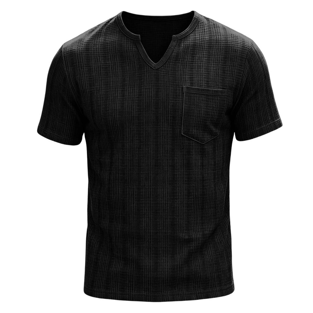 Camiseta casual de verano para hombre con cuello en V, transpirable, aspecto lino, manga corta, color liso, con bolsillo, ligera