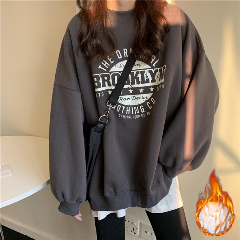 Zesílená korejská mikina pro ženy s kulatým výstřihem, nápisy, pohodlný střih, základní blůza pro páry pro ženy, dámské oblečení