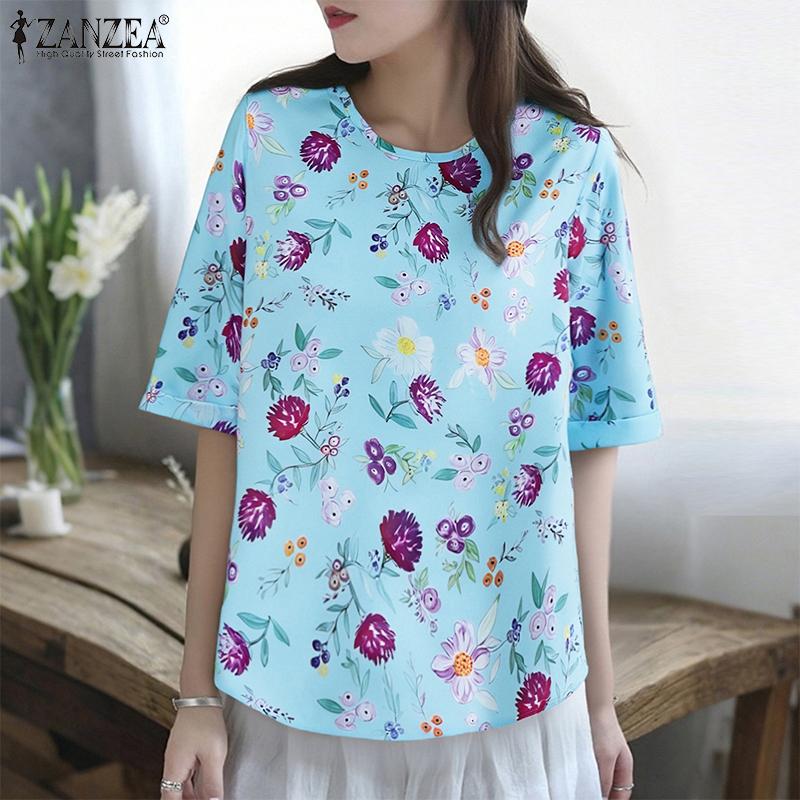 ZANZEA Women Casual Round Neck Summer Half Sleeve Floral Blouse