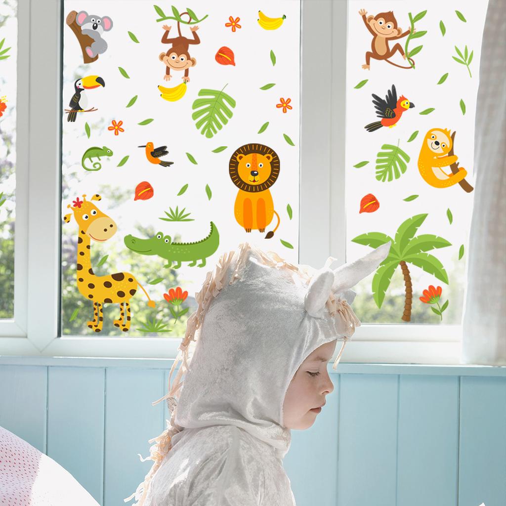 Cartoon Forest Animal Creative Static Window Stickers Double-Sided Visible Glass Stickers Home Shop Window Wall Decor Decals