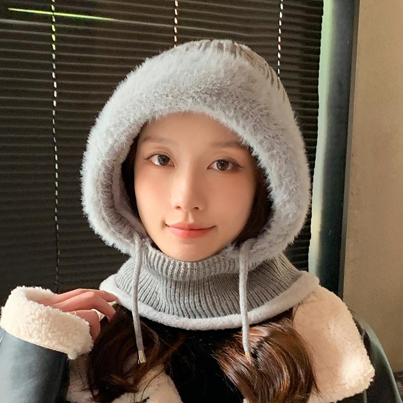 New Velvet Thick One-piece Hat Women's Winter Scarf Integrated Knitted Hat Outdoor Wind and Cold Warm Cycling Ear Hat
