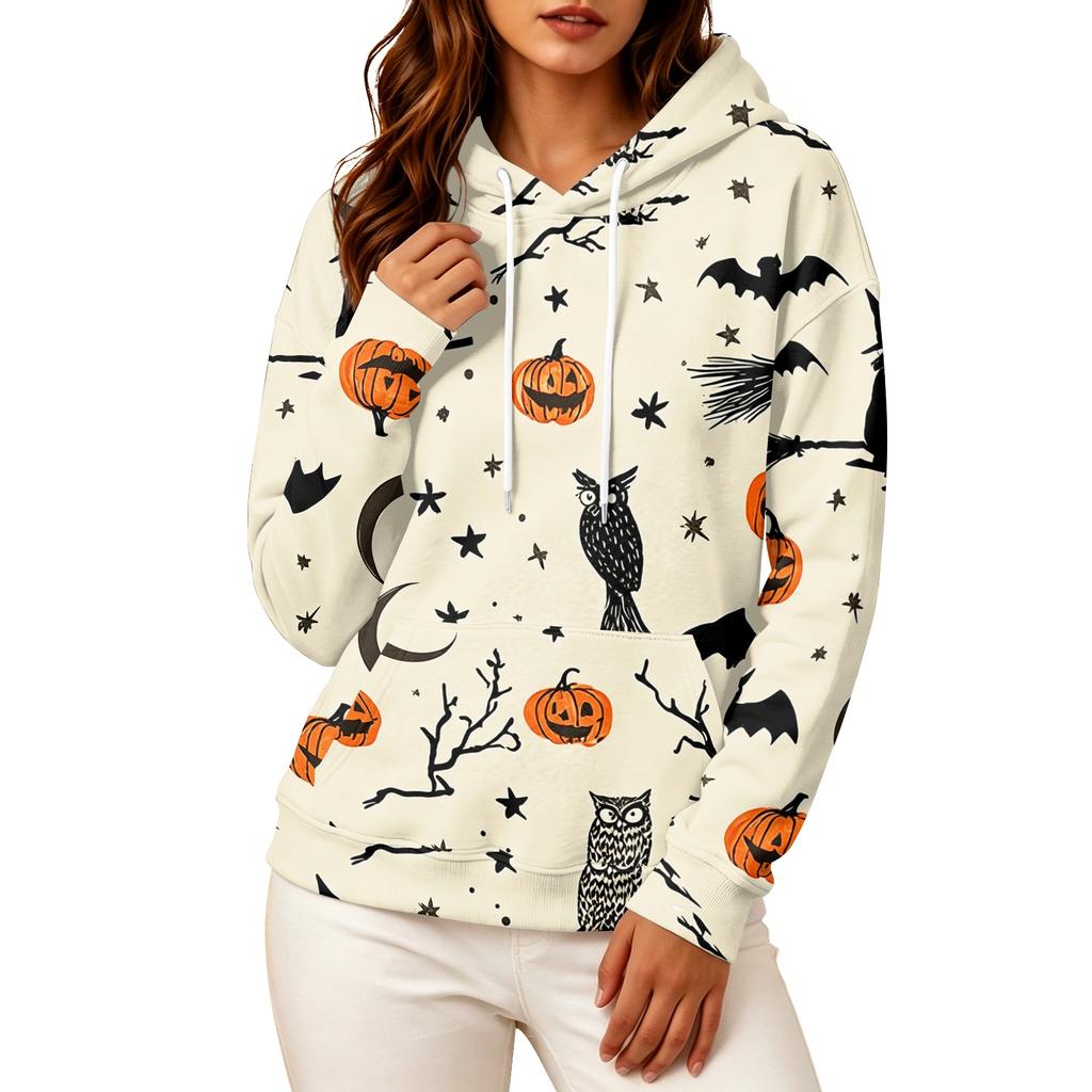 Women's fashionable long-sleeved Halloween print hooded pullover hoodie top